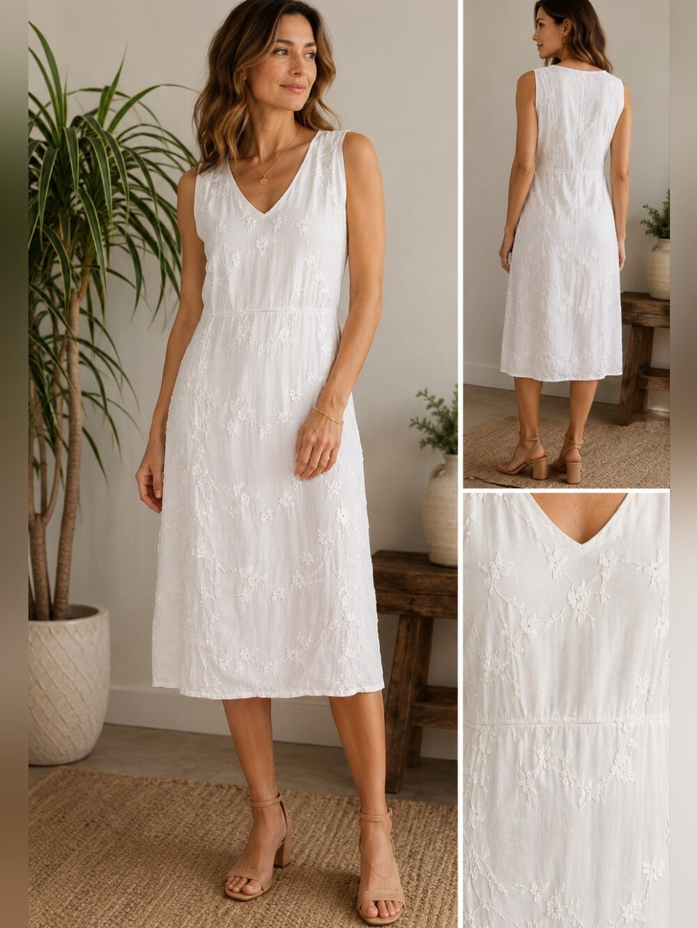 Johnny Was White Floral Embroidered Midi Dress 100% Linen Size Medium - Picture 2 of 9